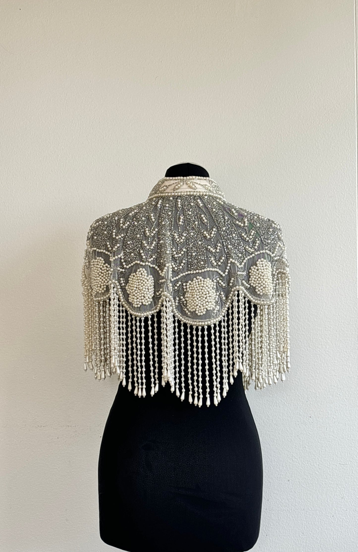 AVASA Pearl Cascade Beaded Fringe Capelet back view