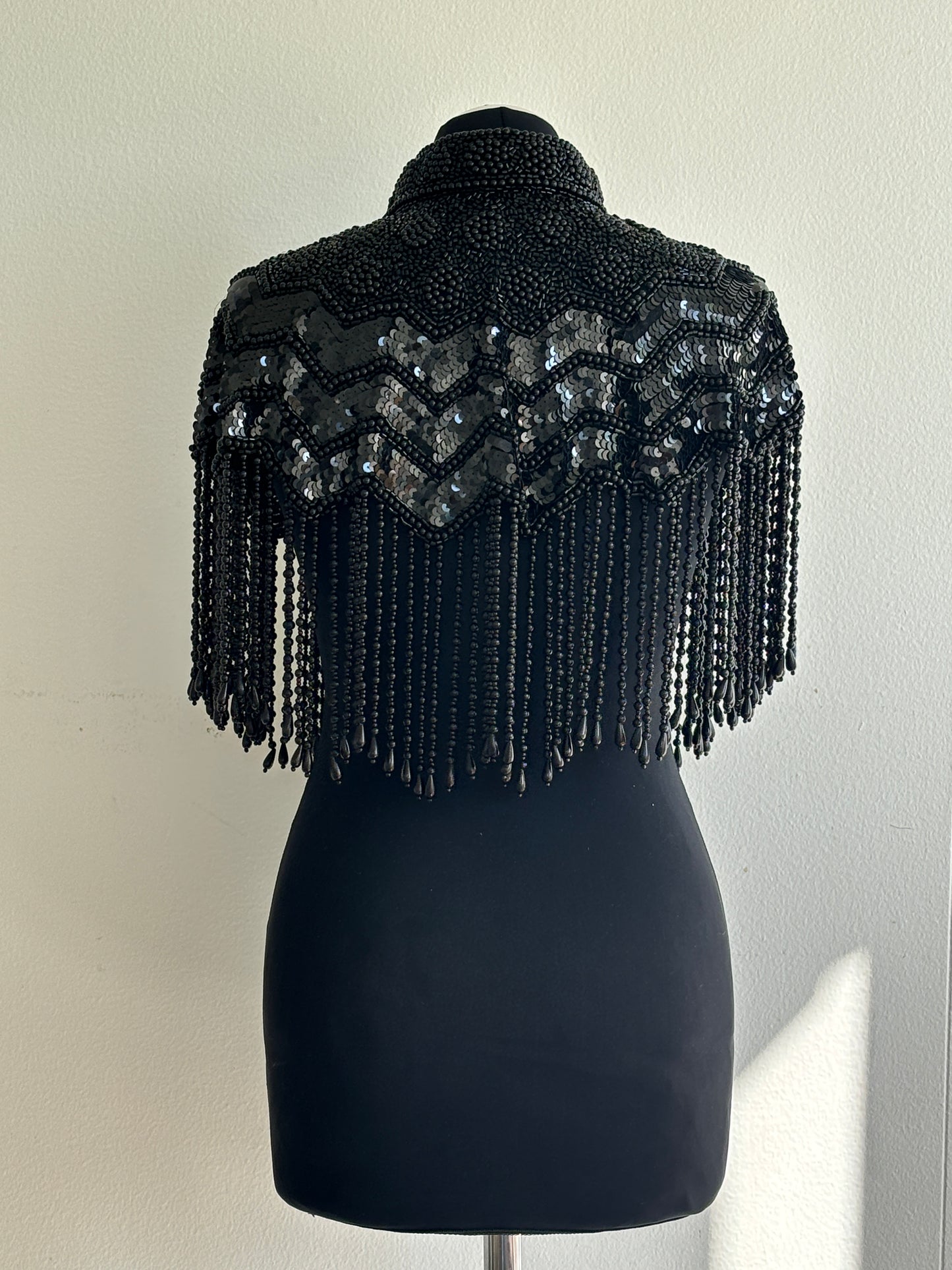 AVASA Black Art Deco Beaded Fringe Capelet
