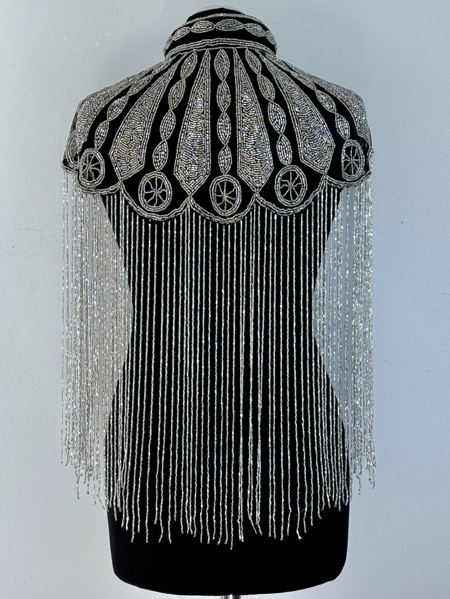 AVASA Black and White Art Deco Beaded Long Fringe Capelet back view