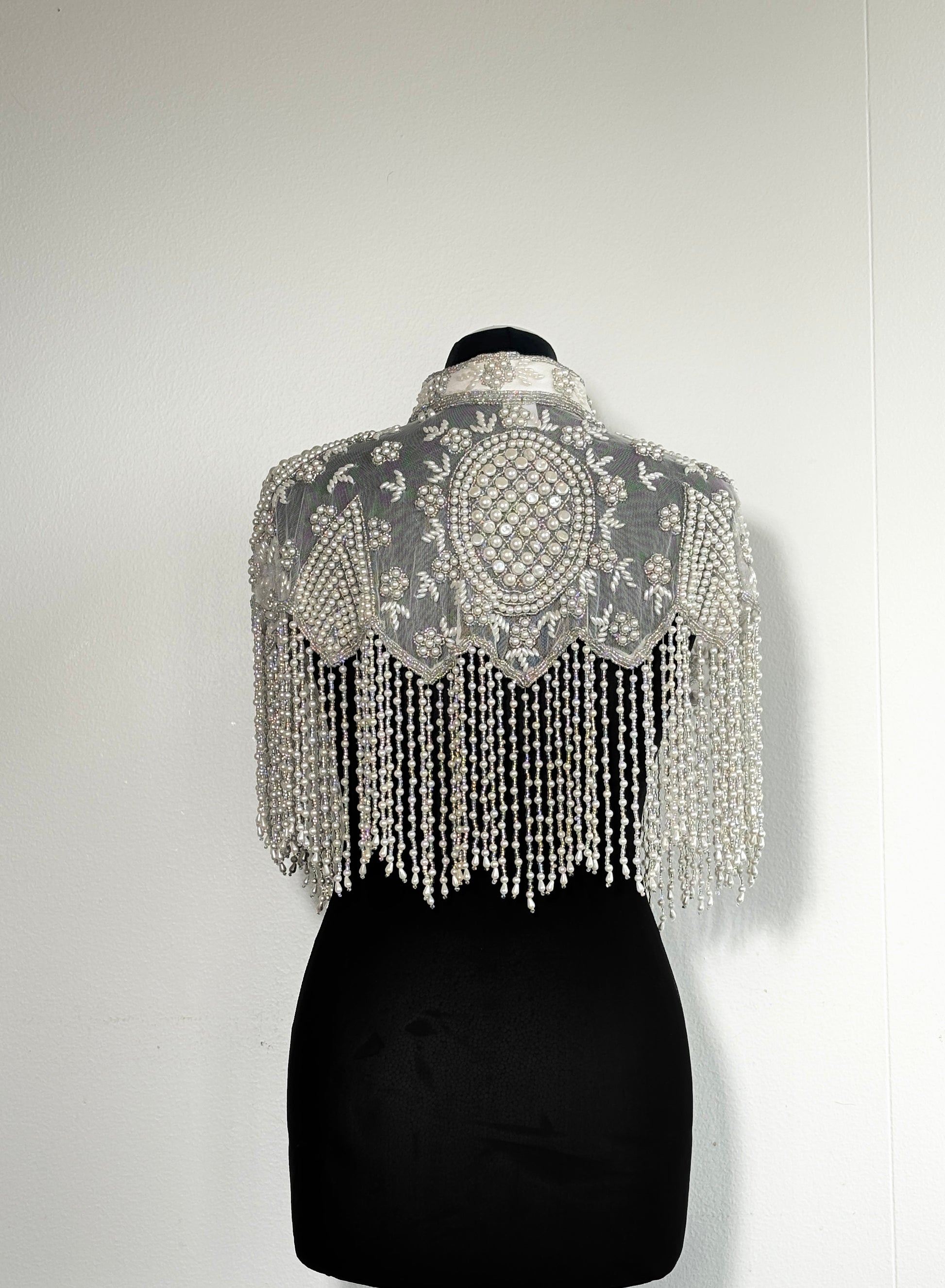 AVASA Ivory Pearl Fringe Beaded Capelet back view