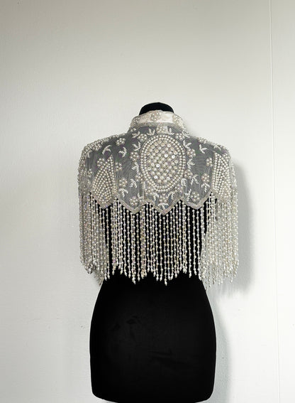 AVASA Ivory Pearl Fringe Beaded Capelet back view