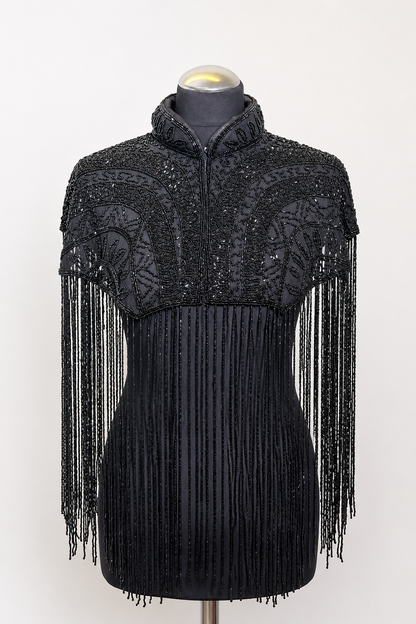 AVASA Onyx Fan Beaded Fringe Capelet