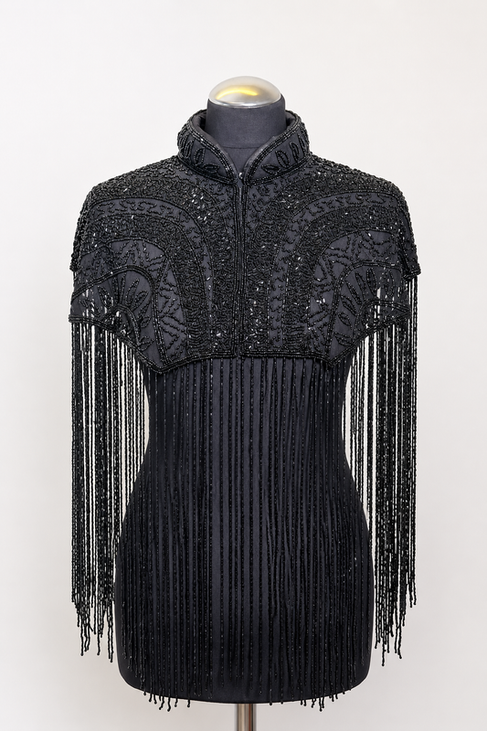 AVASA Onyx Fan Beaded Fringe Capelet