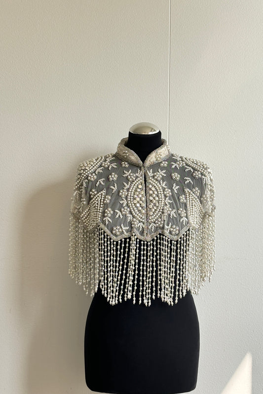 AVASA Ivory Pearl Fringe Beaded Capelet front view