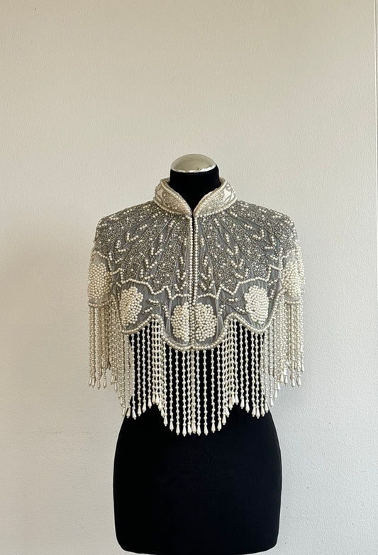 AVASA Pearl Cascade Beaded Fringe Capelet front view