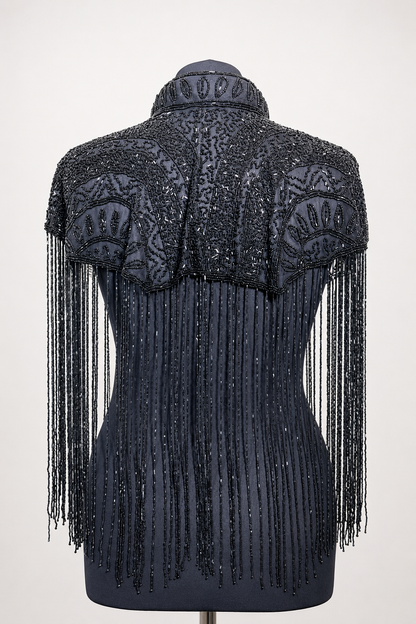 AVASA Onyx Fan Beaded Fringe Capelet