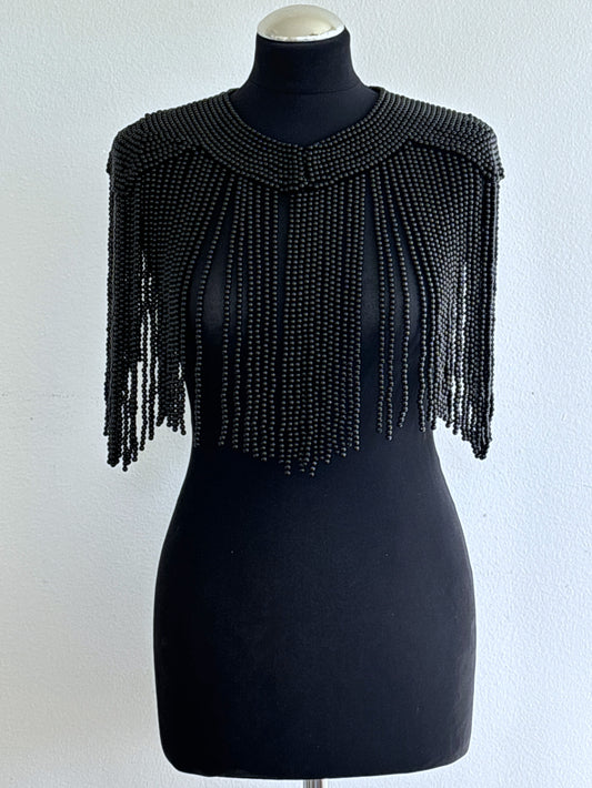 AVASA Black Beaded Fringe Capelet front view