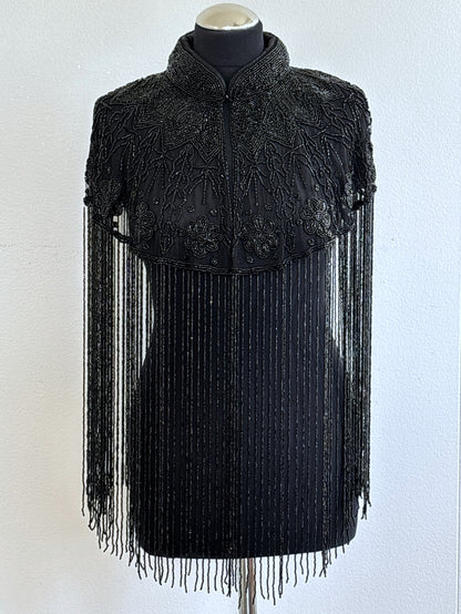 AVASA Black Floral Beaded Long Fringe Capelet front view