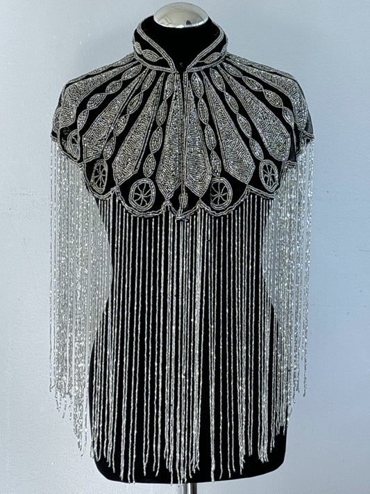 AVASA Black and White Art Deco Beaded Long Fringe Capelet front view
